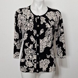 August Silk C'est City Silk Blend Black Cream Preppy Velvet Trim Cardigan Size L